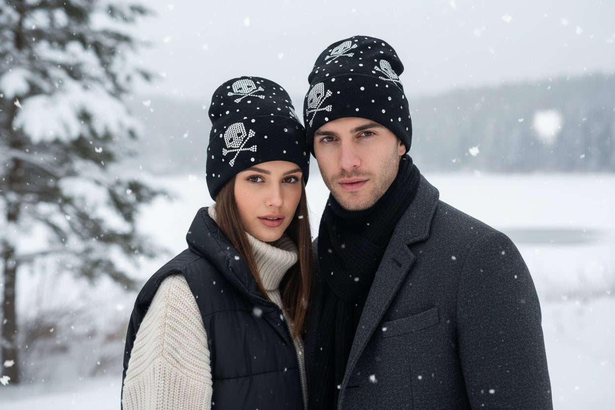 Mütze im Strick mit Strass Steinen und Totenkopf